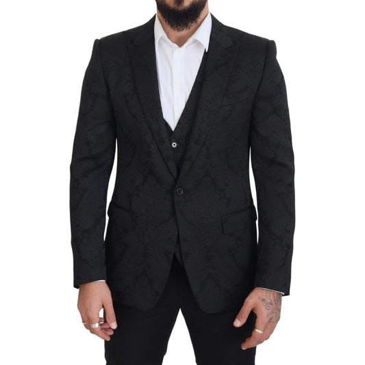 Dolce & Gabbana Elegant Black Martini Suit Jacket & Vest Ensemble black-floral-brocade-2-piece-martini-suit