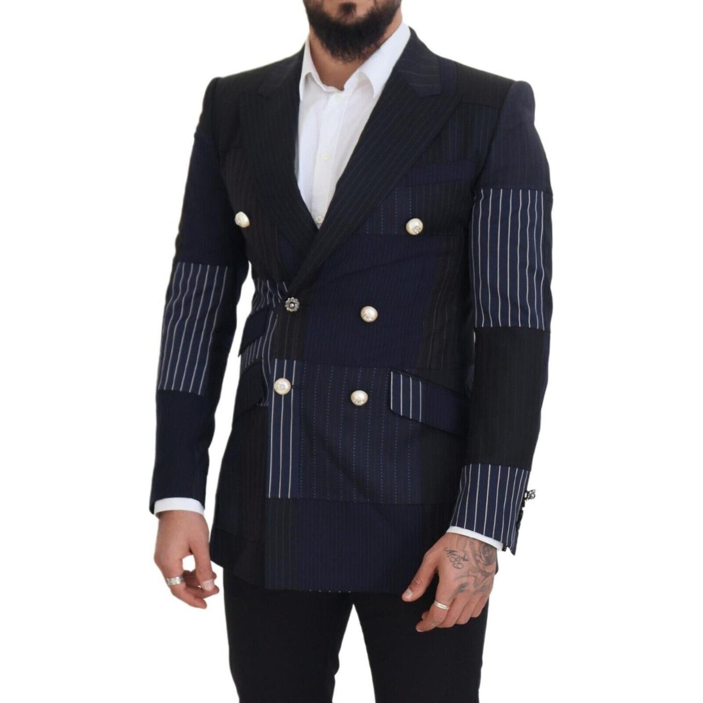Dolce & Gabbana Elegant Navy Double Breasted Wool Blazer blue-wool-patchwork-double-breasted-blazer-2