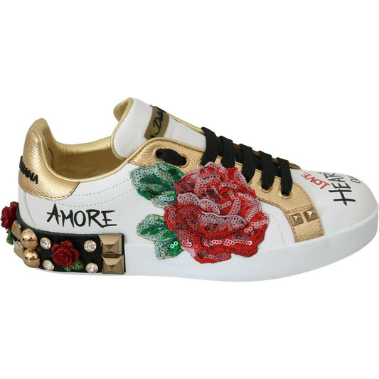 Dolce & Gabbana Elegant Sequined Floral Leather Sneakers white-roses-sequined-crystal-womens-sneakers-shoes
