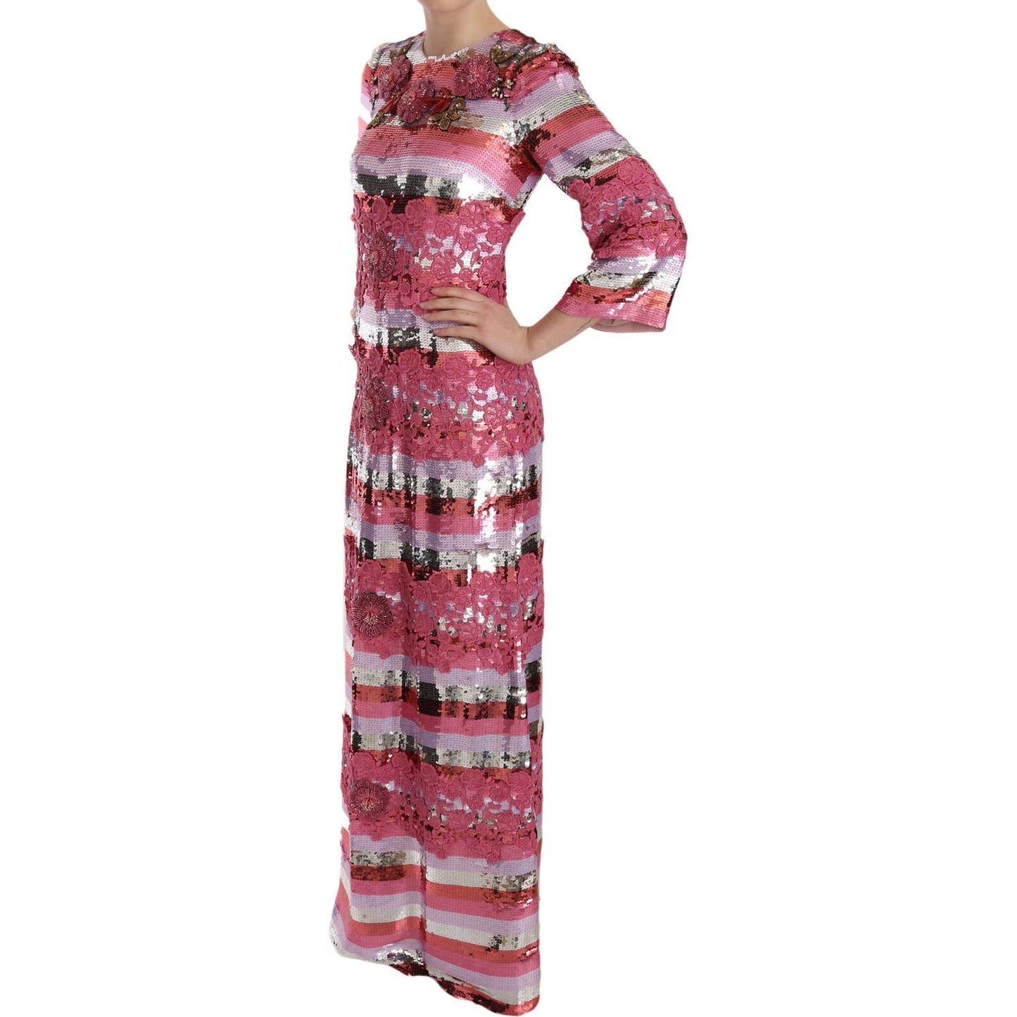 Dolce & Gabbana Opulent Pink Sequined Floor-Length Dress pink-floral-sequined-crystal-gown-dress