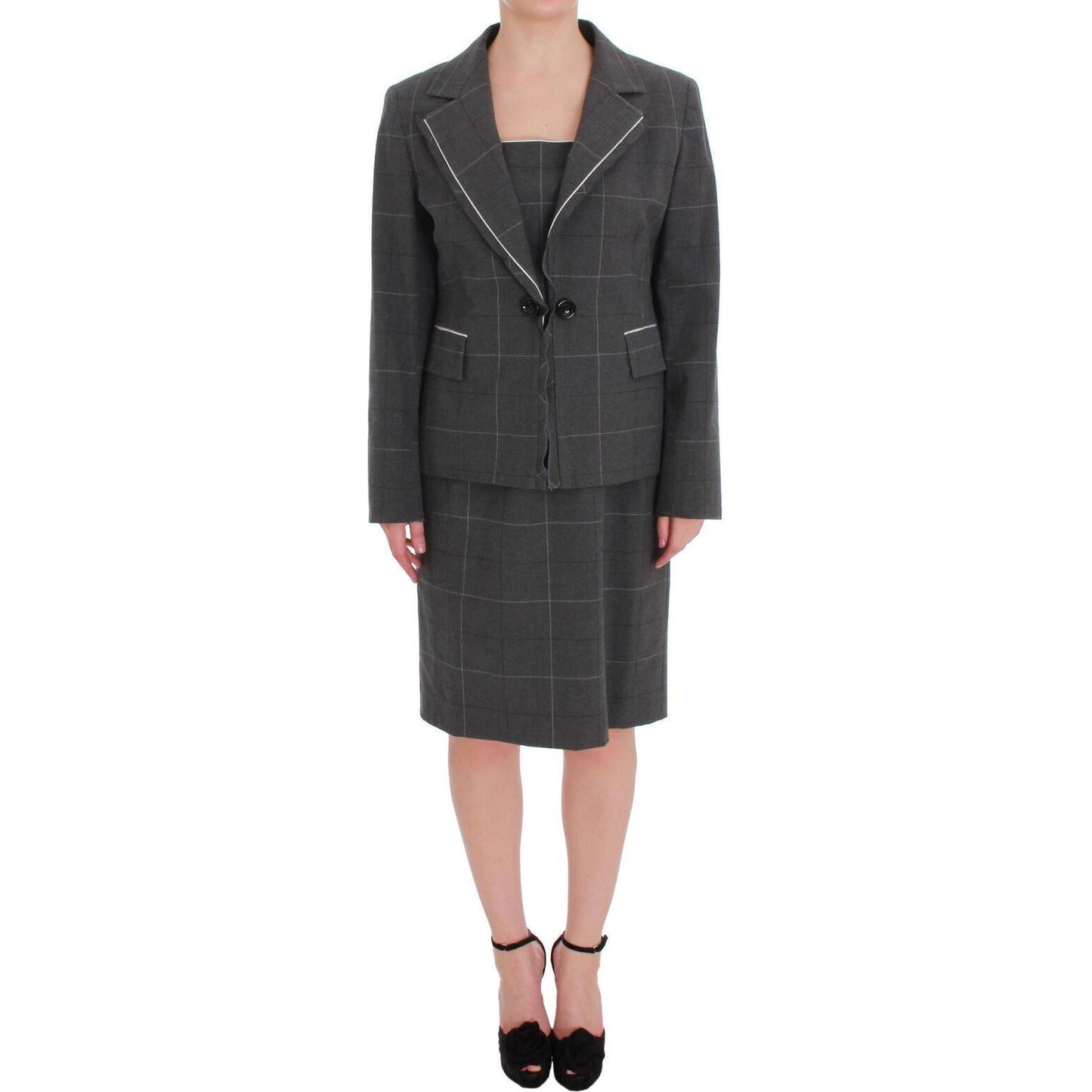 BENCIVENGA Elegant Checkered Cotton-Blend Suit Set Skirt Suit gray-checkered-cotton-blazer-dress-set-suit