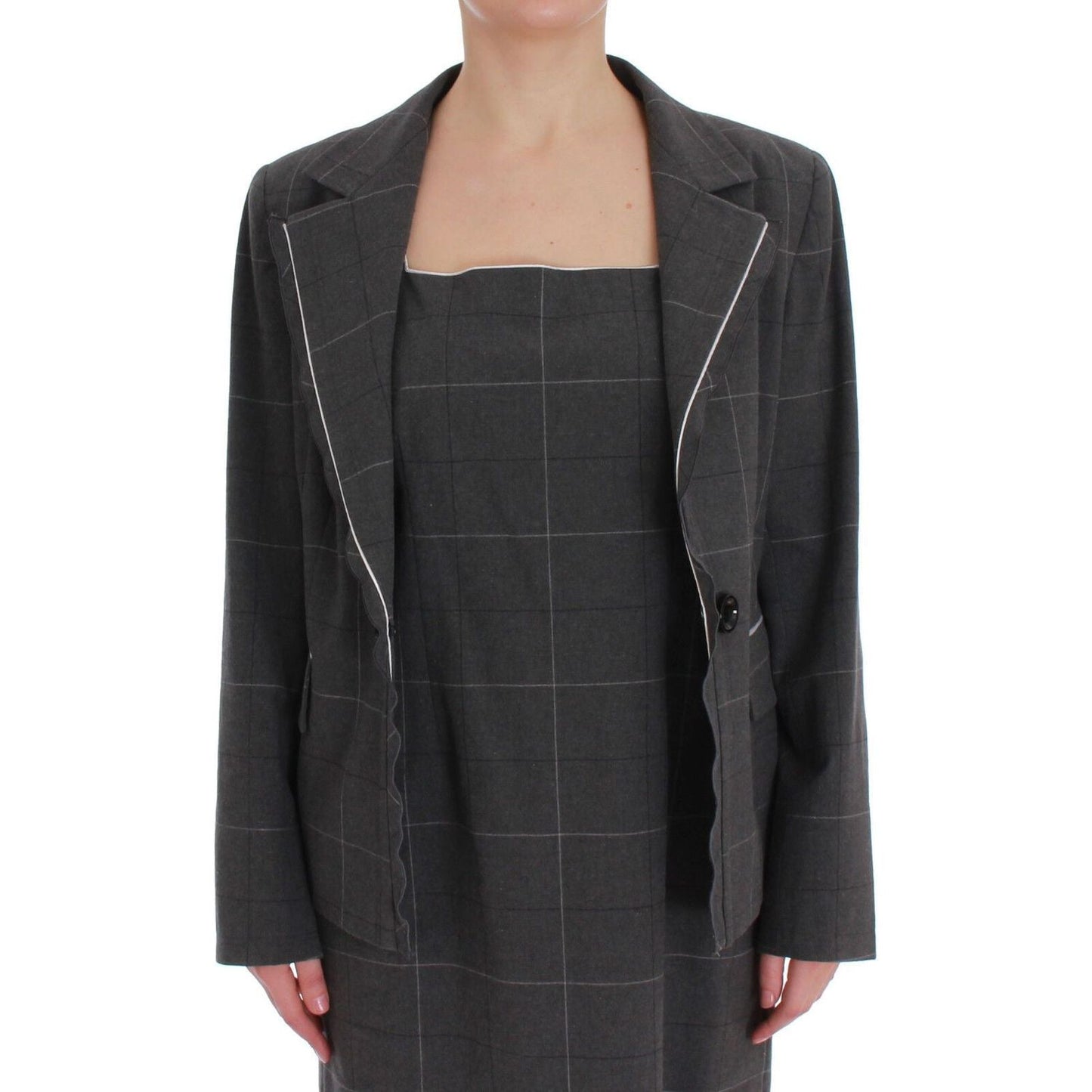 BENCIVENGA Elegant Checkered Cotton-Blend Suit Set Skirt Suit gray-checkered-cotton-blazer-dress-set-suit