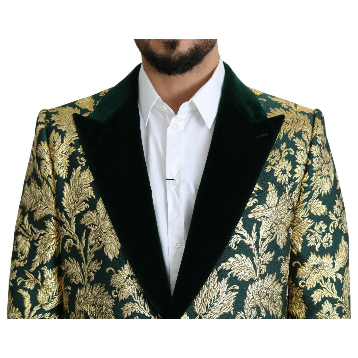 Dolce & Gabbana | Elegant Gold Green Jacquard Sicilia Jacket| McRichard Designer Brands   