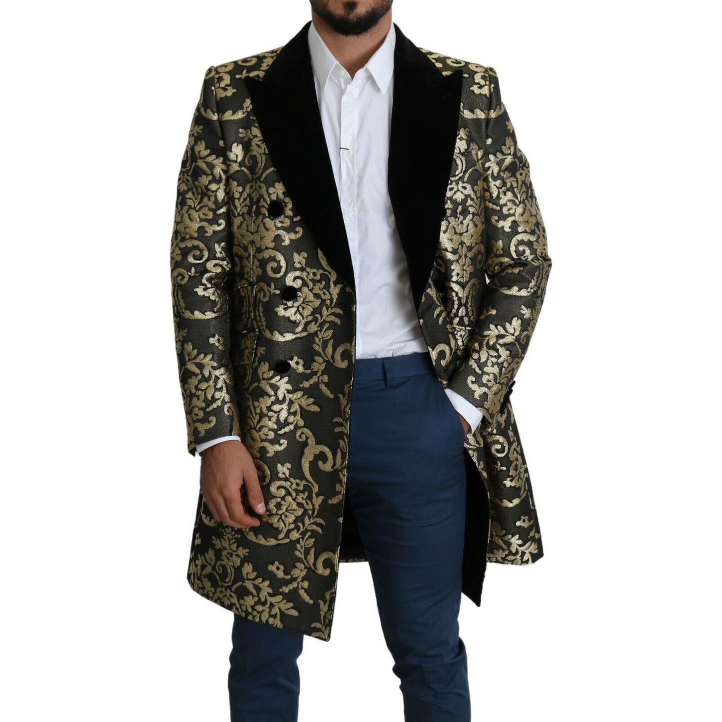 Dolce & Gabbana Gold Black Sicilia Jacquard Double-Breasted Coat black-gold-jacquard-long-coat-sicilia-jacket