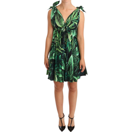 Elegant Flared Mini A-Line Dress in Green Leaf Print