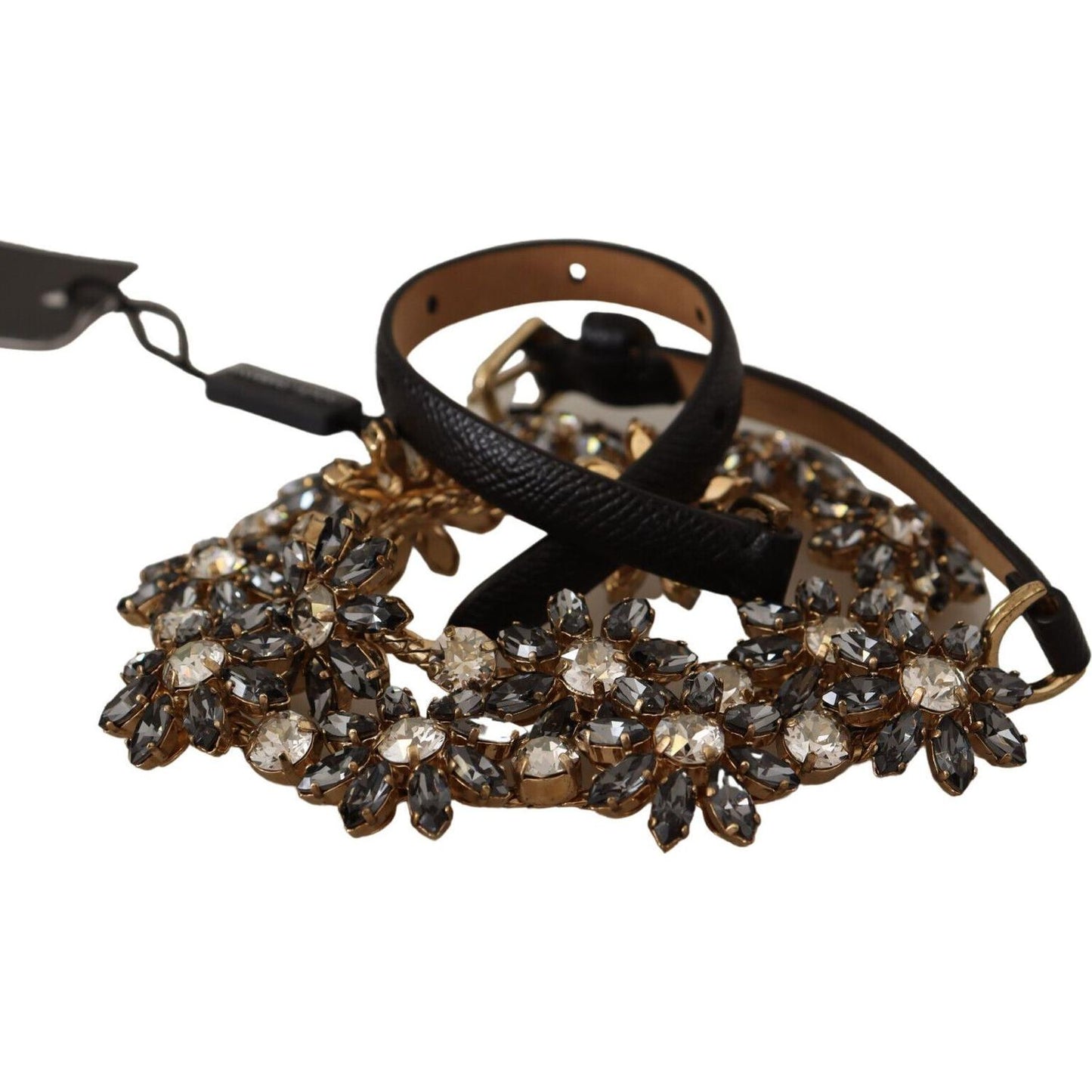 Dolce & Gabbana Elegant Crystal Daisy Chain Leather Belt WOMAN BELTS black-daisy-crystal-dauphine-texture-belt