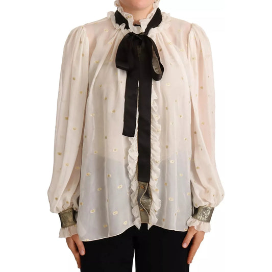 Dolce & Gabbana Off White Silk Blend Ascot Collar Blouse Top off-white-silk-blend-ascot-collar-blouse-top