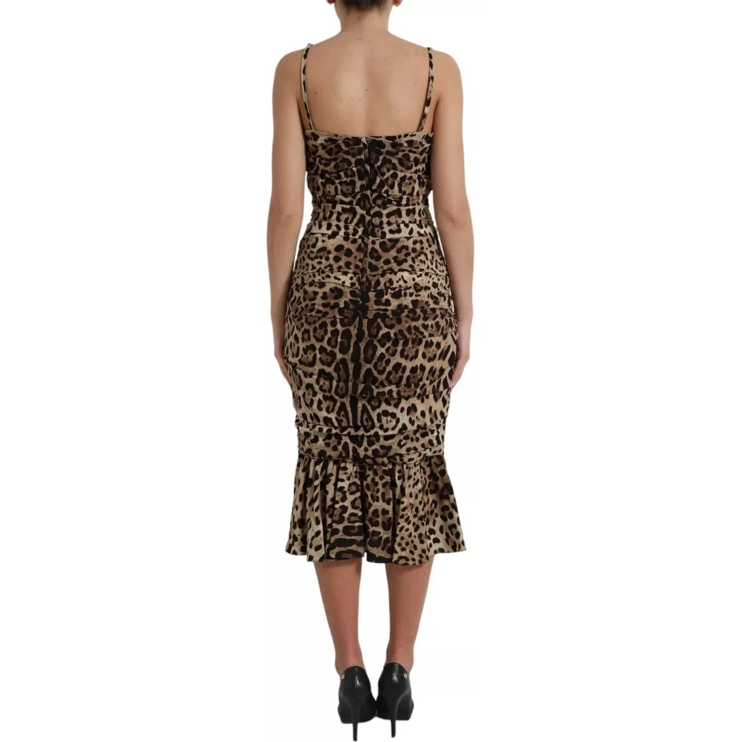 Silk Brown Leopard Print Ruched Midi Dress