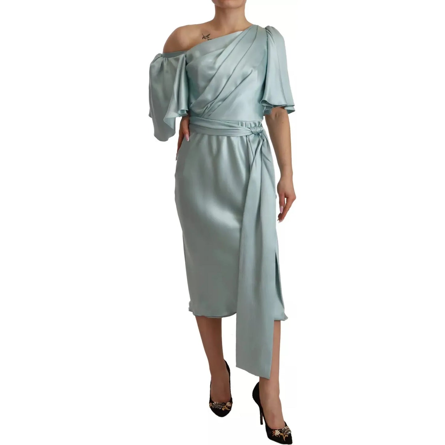 Silk Mint Green Fit Cut One Shoulder Midi Dress