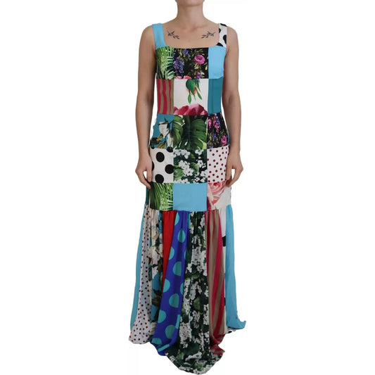 Silk Multicolor Patchwork Sheath Maxi Dress