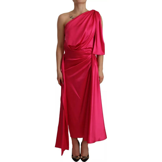 Silk Pink Fitted Cut One Shoulder Midi Dress