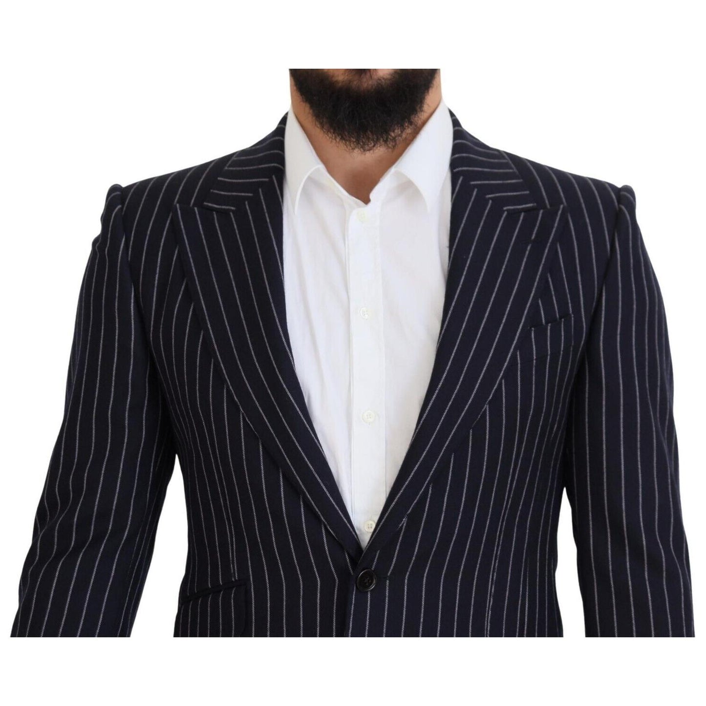 Dolce & Gabbana Elegant Navy Slim Fit Wool Blazer dark-blue-stripe-wool-single-breasted-blazer