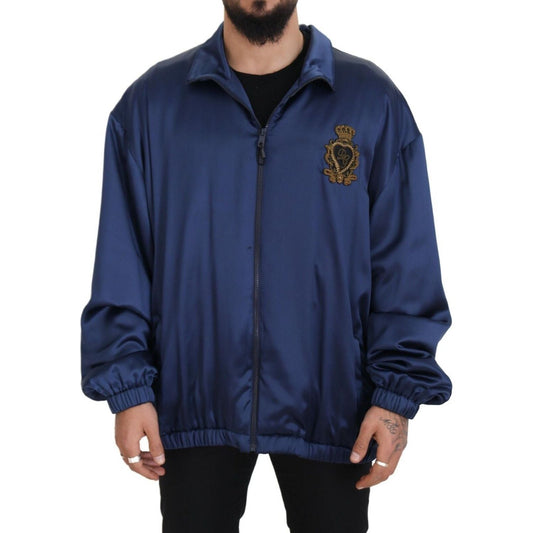 Dolce & Gabbana Regal Blue Silk Bomber Jacket blue-heraldic-patch-full-zip-khaled-jacket