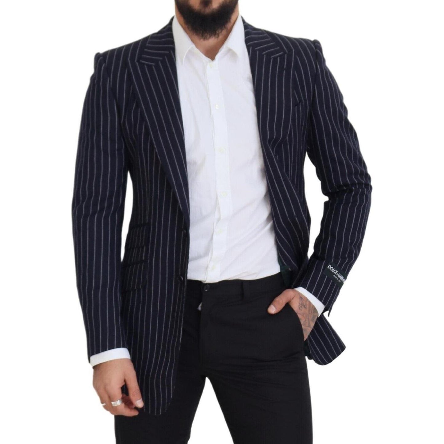 Dolce & Gabbana Elegant Navy Slim Fit Wool Blazer dark-blue-stripe-wool-single-breasted-blazer
