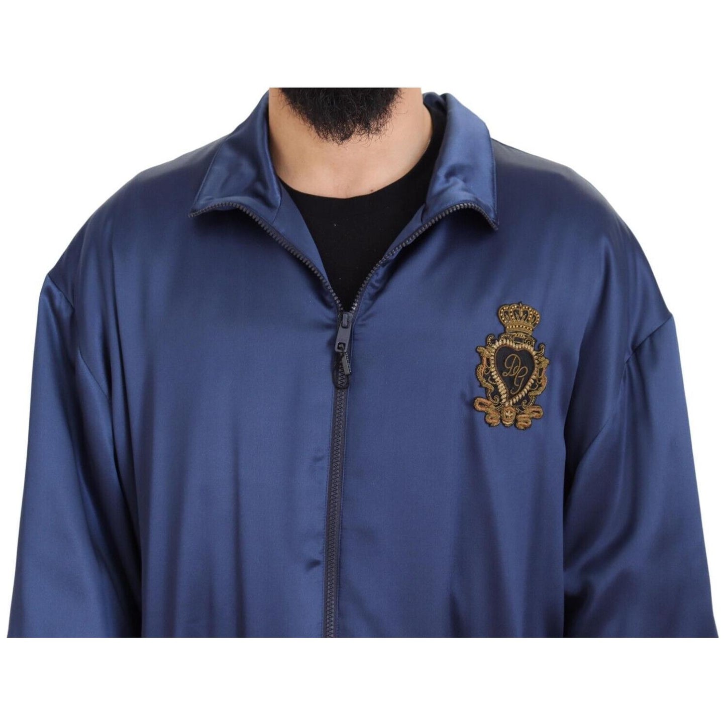 Dolce & Gabbana Regal Blue Silk Bomber Jacket blue-heraldic-patch-full-zip-khaled-jacket