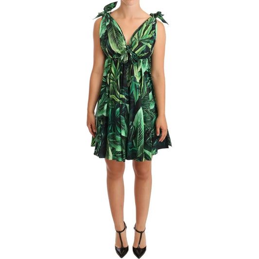 Green Leaves Print Cotton Flared Mini Dress