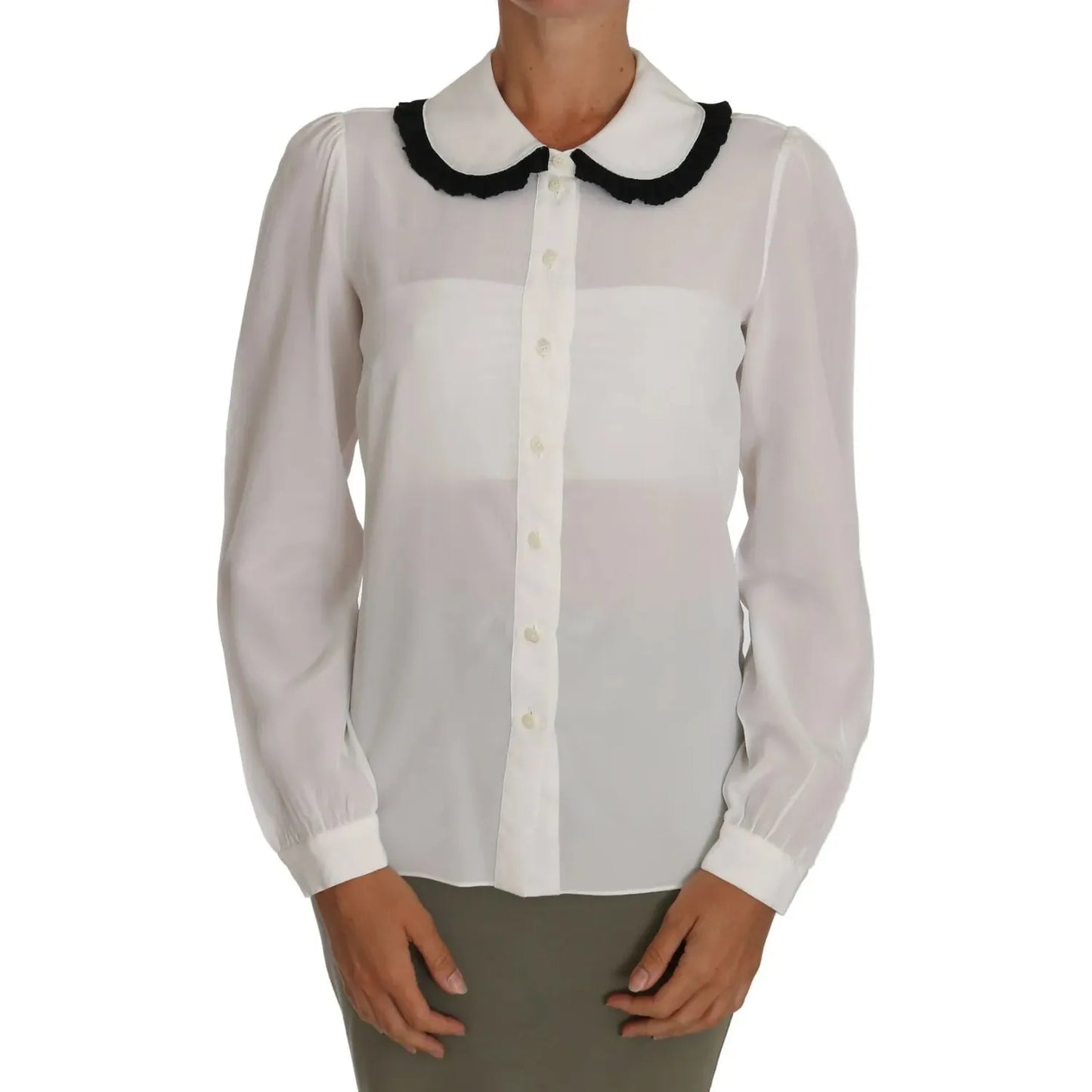 Dolce & Gabbana White Silk Shirt Ruffle Rouded Collar Blouse white-silk-shirt-ruffle-rouded-collar-blouse