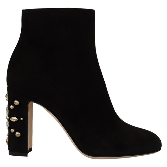 Dolce & Gabbana Elegant Suede Ankle Boots with Crystal Embellishment black-suede-leather-crystal-heels-boots-shoes