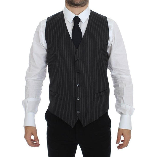 Dolce & Gabbana Elegant Gray Striped Wool Dress Vest gray-striped-wool-single-breasted-vest-2