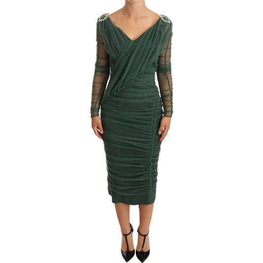 Dolce & Gabbana Green Mesh Crystal Ruched Tulle Midi Dress green-mesh-crystal-ruched-tulle-midi-dress