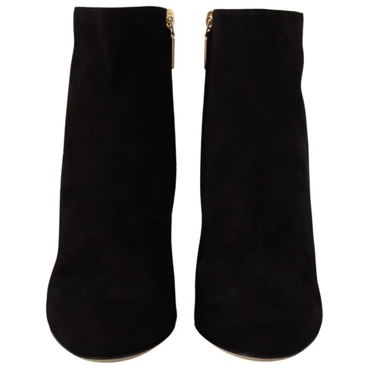 Dolce & Gabbana Elegant Suede Ankle Boots with Crystal Embellishment black-suede-leather-crystal-heels-boots-shoes