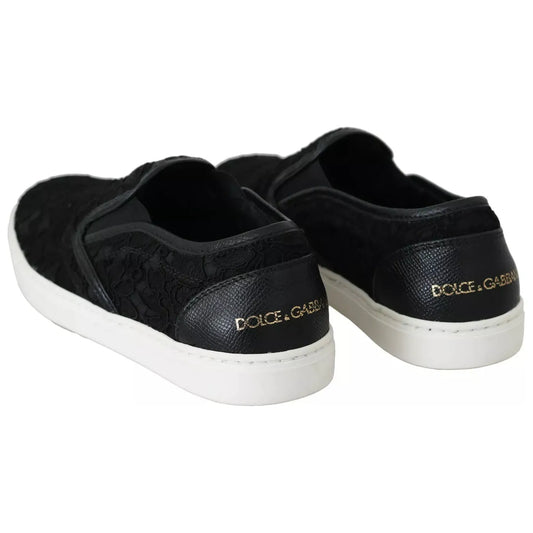 Dolce & Gabbana Black Lace Leather Logo Flat Slip-On Sneakers black-lace-leather-logo-flat-slip-on-sneakers