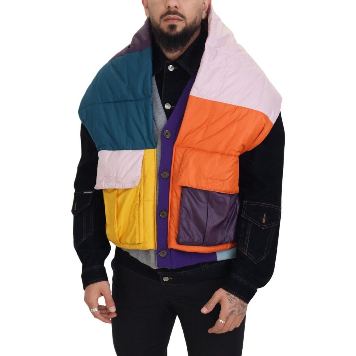 Dolce & Gabbana Eclectic Bomber Jacket Menswear Marvel multicolor-patchwork-denim-button-down-jacket