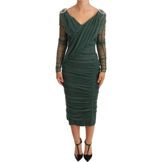 Green Ruched Stretch Tulle Crystal Midi Dress
