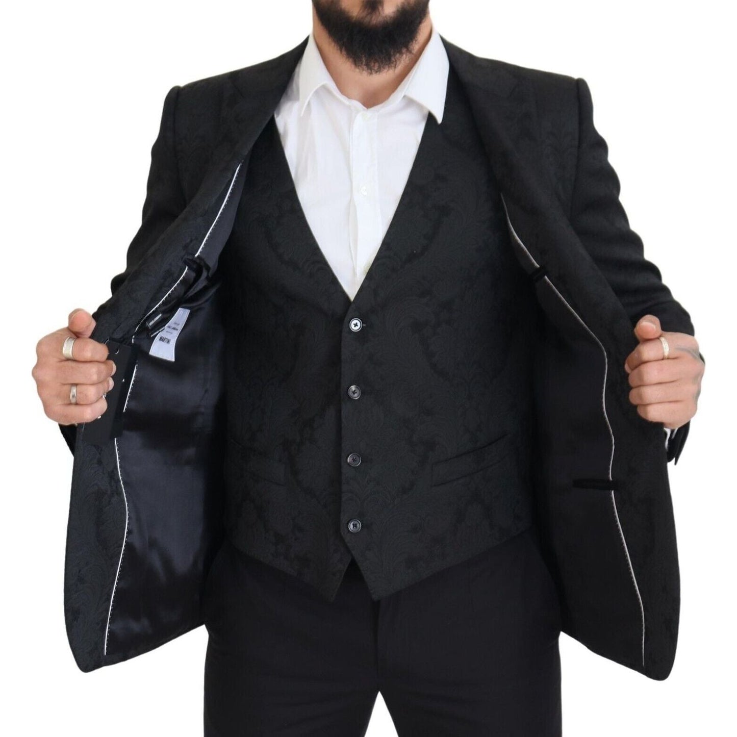 Dolce & Gabbana Elegant Black Martini Suit Jacket & Vest Ensemble black-floral-brocade-2-piece-martini-suit