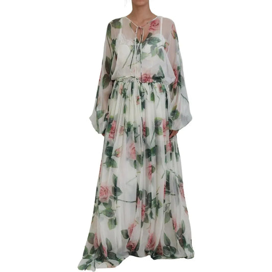 Dolce & Gabbana | Elegant White Silk Maxi Dress with Pink Roses| McRichard Designer Brands   