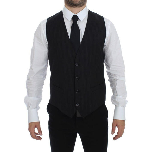 Dolce & Gabbana Elegant Black Striped Wool Dress Vest black-striped-wool-single-breasted-vest-2
