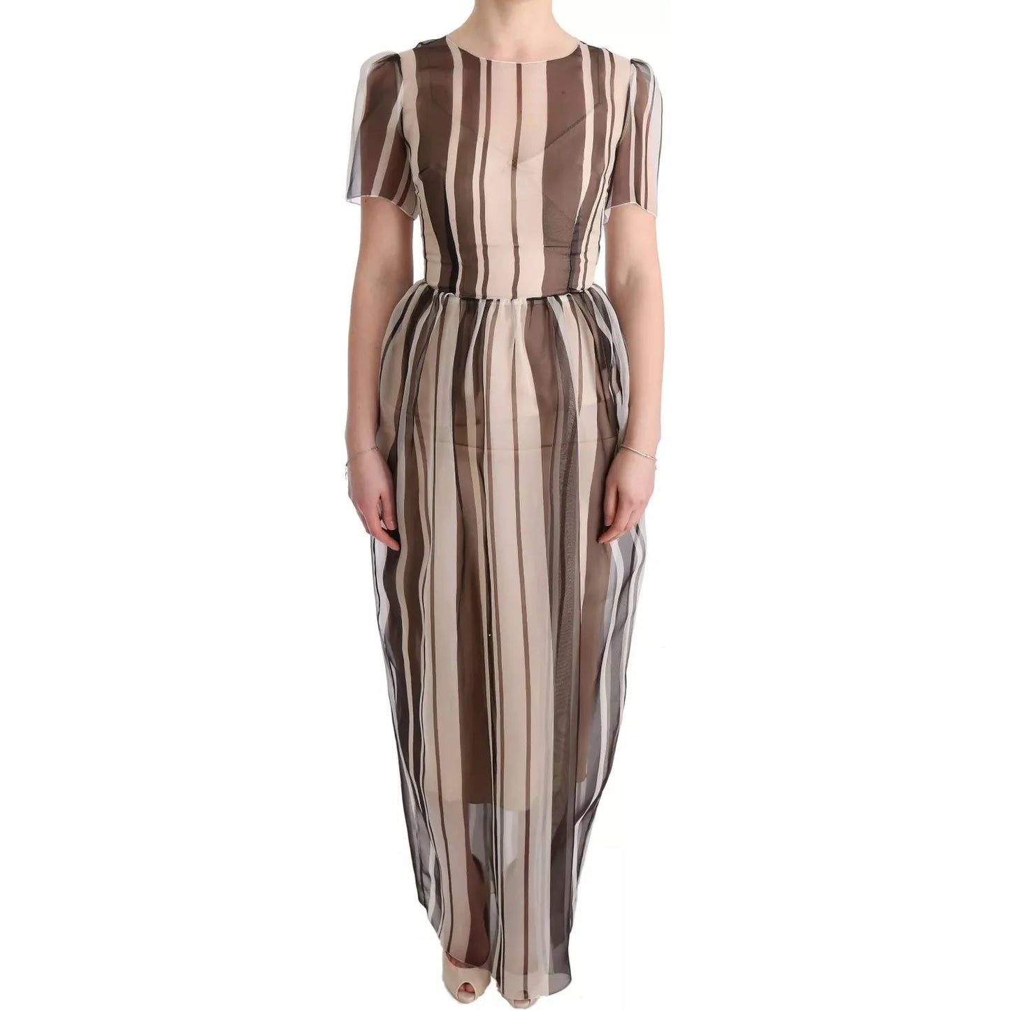 Dolce & Gabbana Beige Brown Striped Silk Sheath Dress beige-brown-striped-silk-sheath-dress