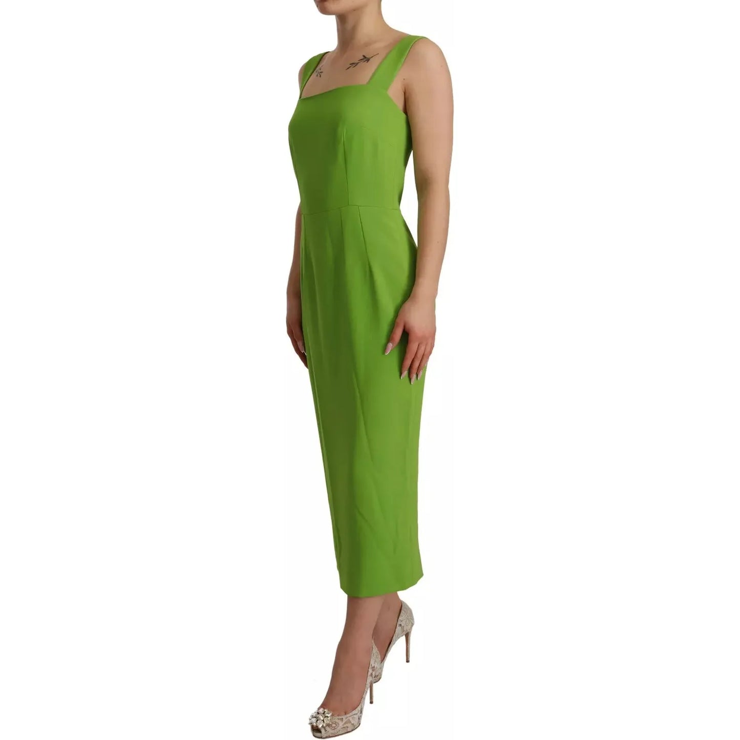 Green Sheath Square Neckline Mid Length Dress