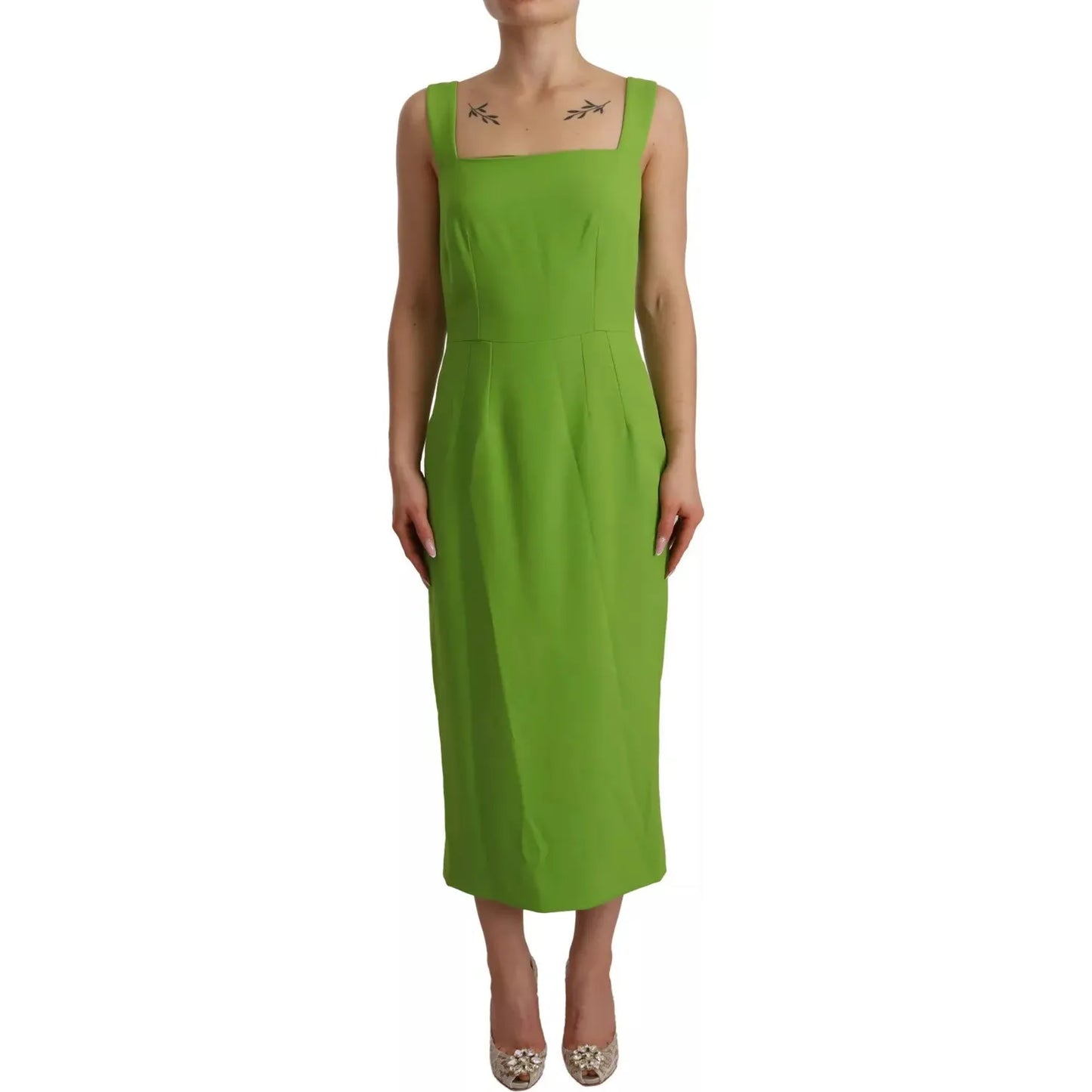 Green Sheath Square Neckline Mid Length Dress