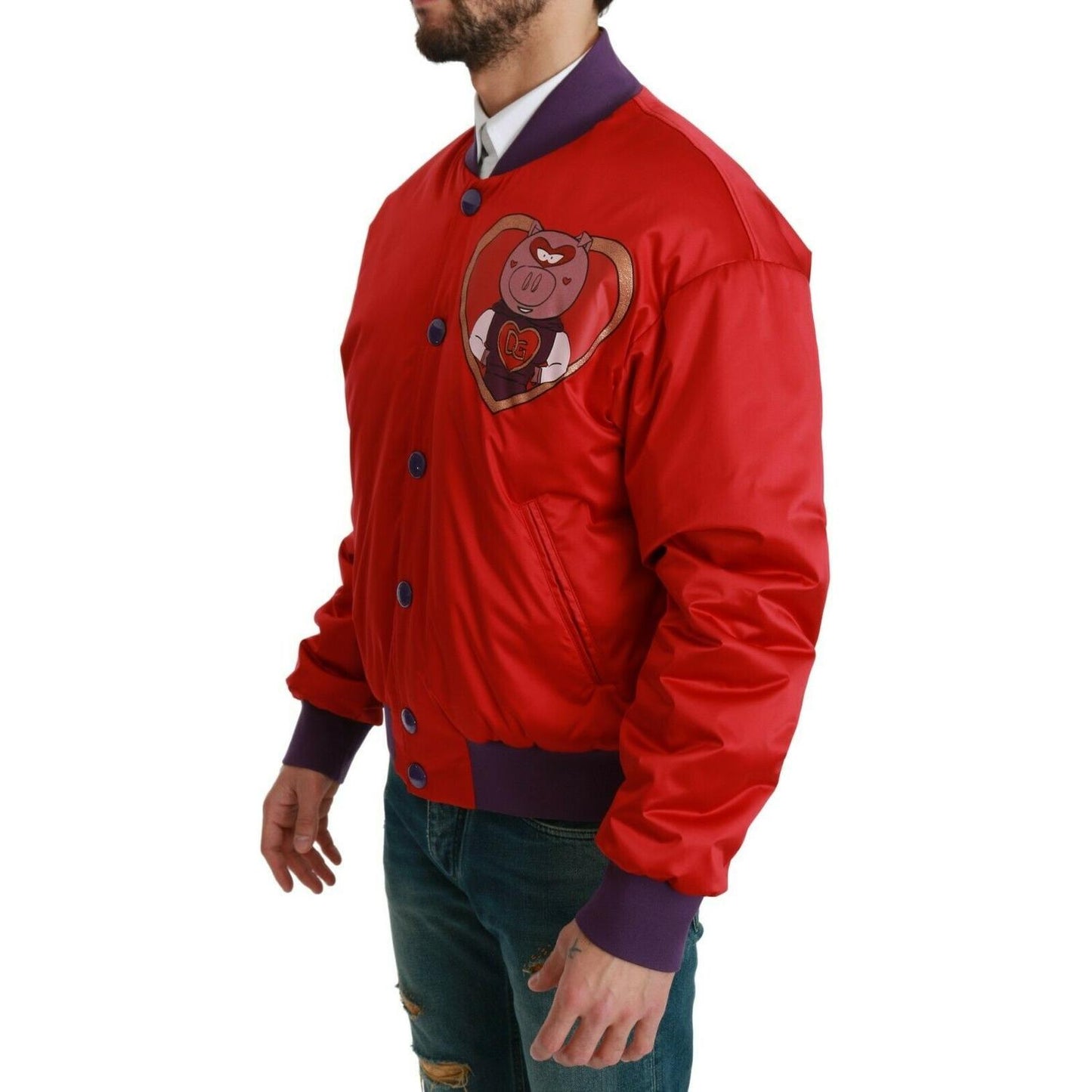Dolce & Gabbana | Vibrant Red Bomber Jacket with Multicolor Motif| McRichard Designer Brands   