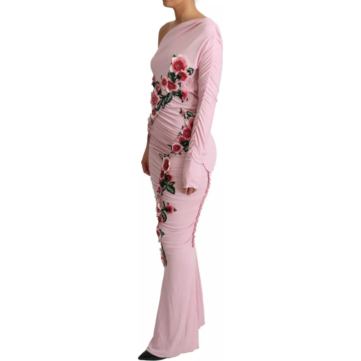 Pink Flower Embellished One Shoulder Dress