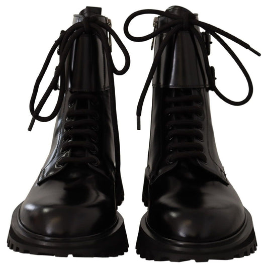 Dolce & Gabbana Elegant Black Leather Ankle Boots black-leather-combat-lace-up-mens-boots-shoes