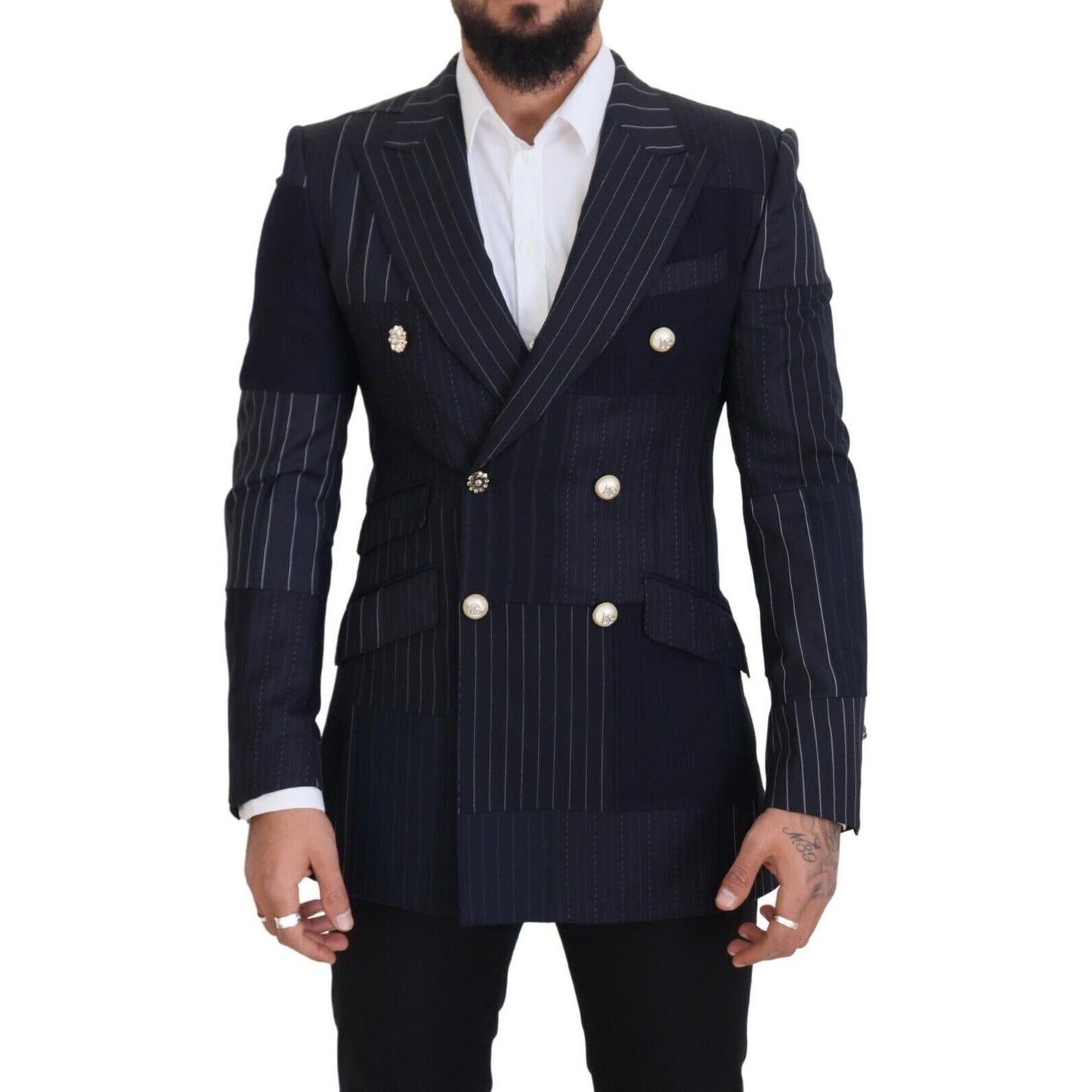 Dolce & Gabbana Navy Blue Double Breasted Slim Fit Blazer blue-wool-patchwork-double-breasted-blazer-1