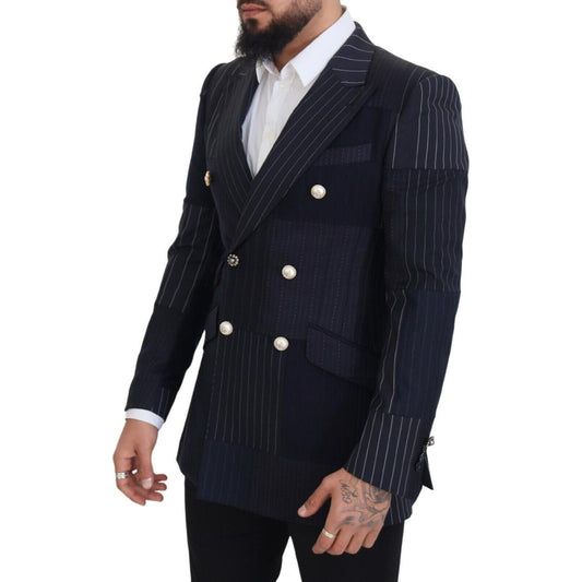 Dolce & Gabbana Navy Blue Double Breasted Slim Fit Blazer blue-wool-patchwork-double-breasted-blazer-1