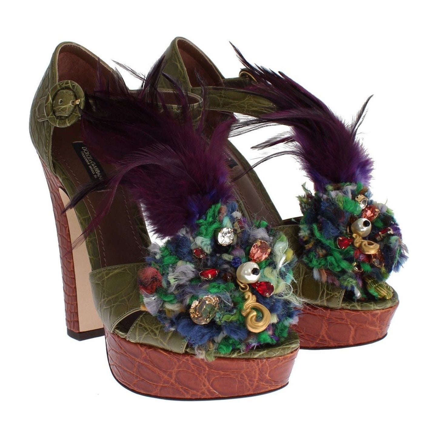 Dolce & Gabbana Crystal Enchanted Ankle Strap Sandals green-leather-crystal-platform-sandal-shoes