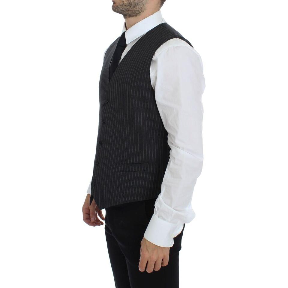 Dolce & Gabbana Elegant Gray Striped Wool Dress Vest gray-striped-wool-single-breasted-vest-2