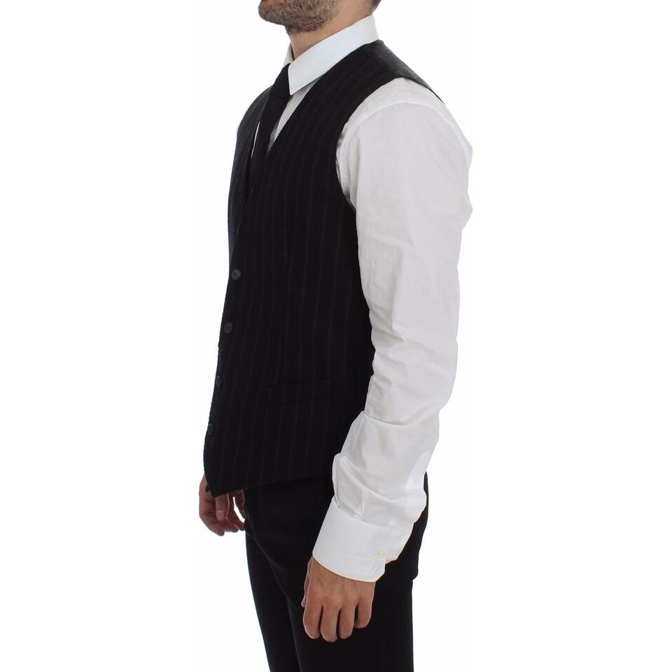 Dolce & Gabbana Elegant Black Striped Single Breasted Dress Vest black-striped-wool-logo-vest-gilet-weste