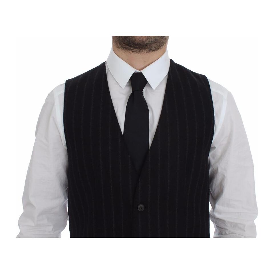 Dolce & Gabbana Elegant Black Striped Single Breasted Dress Vest black-striped-wool-logo-vest-gilet-weste