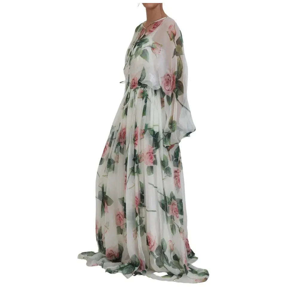 Dolce & Gabbana Elegant White Silk Maxi Dress with Pink Roses white-floral-roses-silk-maxi-gown-dress
