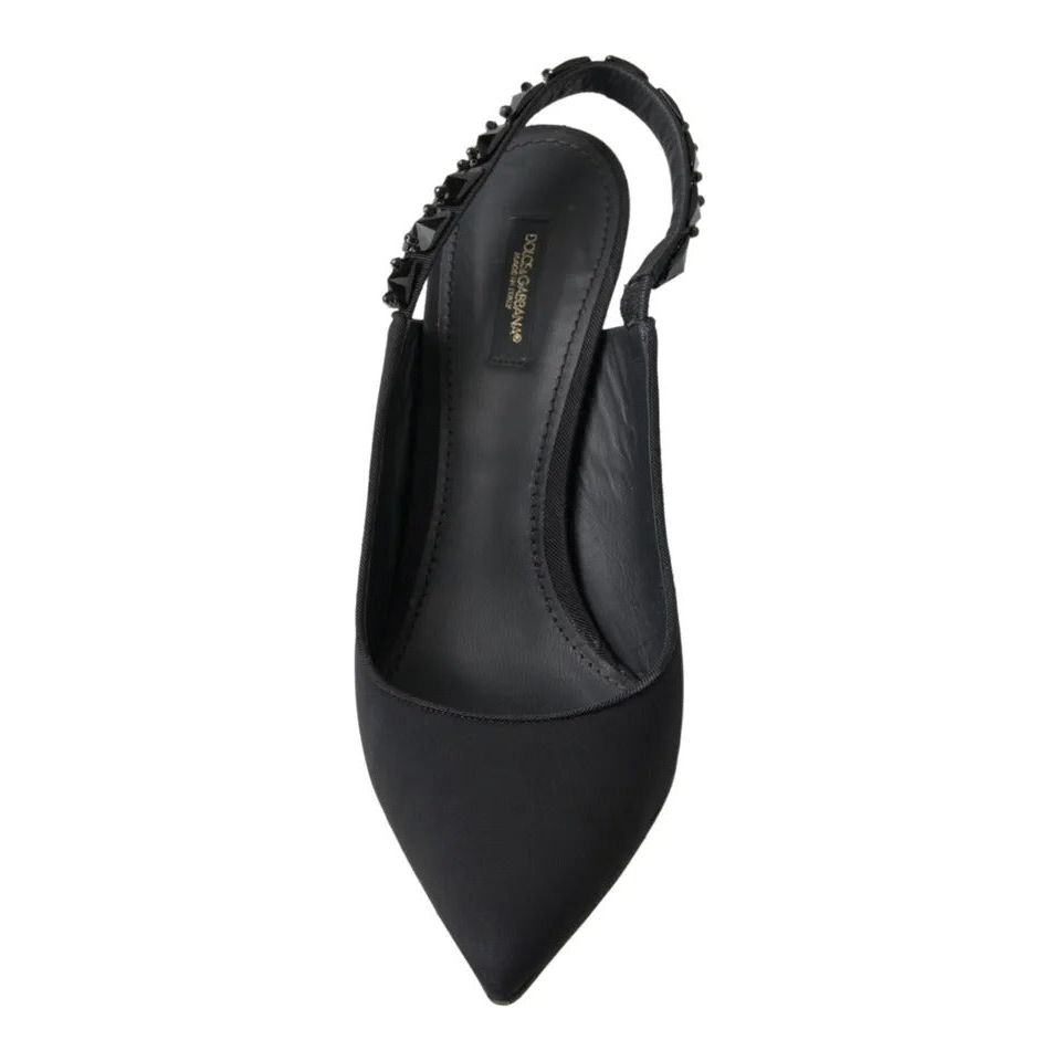 Black Embellished Charmeuse Slingback Heels Shoes