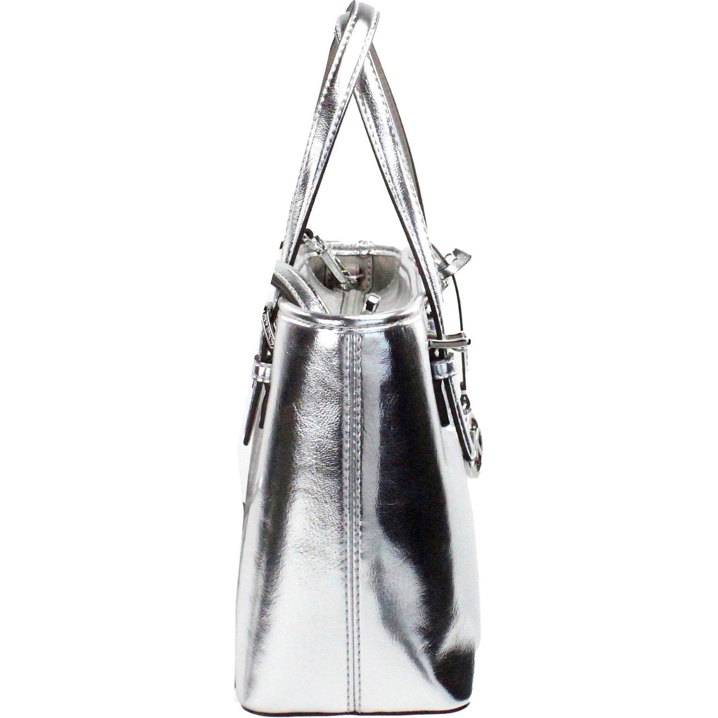 Michael Kors | Jet Set Silver Metallic XS Carryall Top Zip Tote Bag Purse| McRichard Designer Brands   