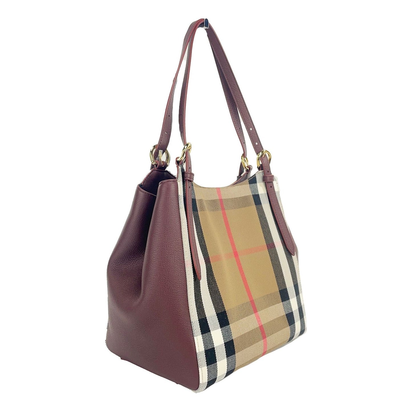 Burberry Small Canterby Mahogany Leather Check Canvas Tote Bag Purse small-canterby-mahogany-leather-check-canvas-tote-bag-purse