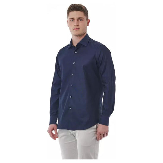Bagutta | Elegant Blue Regular Fit Italian Collar Shirt| McRichard Designer Brands   