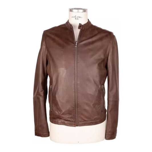 Elegant Brown Leather Jacket with Snap Collar