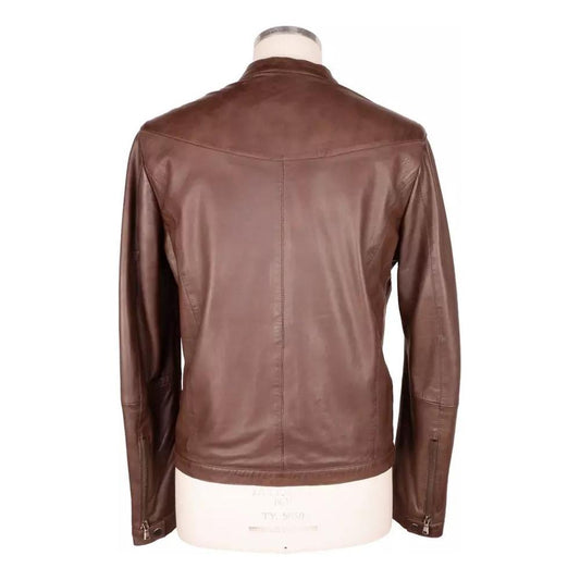 Elegant Brown Leather Jacket with Snap Collar